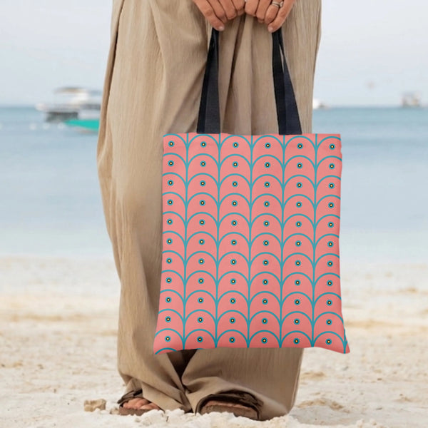 Peacock Feather Pattern Tote Bag | Coral Pink Art Deco Scallop Design | Premium Twill Fabric Structured Bag | Aesthetic Gift 