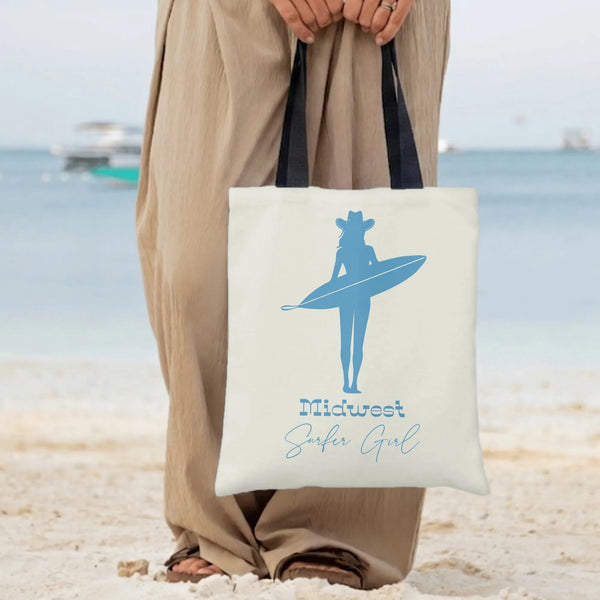 Midwest Surfer Girl Tote Bag | Cowgirl Surfboard Silhouette Art | Premium Twill Diamond-Grid Texture | Trendy Beach Lover Gif