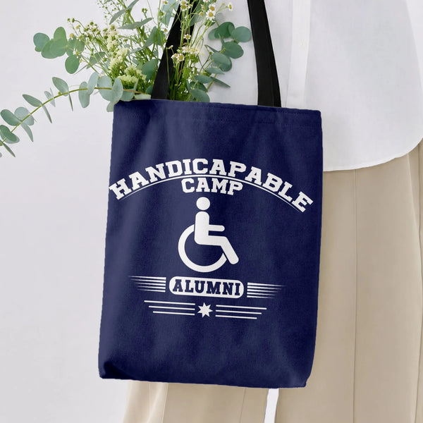 Handicapable Camp Alumni Tote Bag | Funny Wheelchair Disability Pride Design | Premium Twill Diamond-Grid Texture | Unique Gi