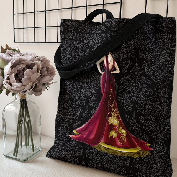 Elegant Lady in Red Gown Tote Bag | Glamorous Fashion Illustration on Damask Pattern | Premium Composite Twill Fabric | Aesth