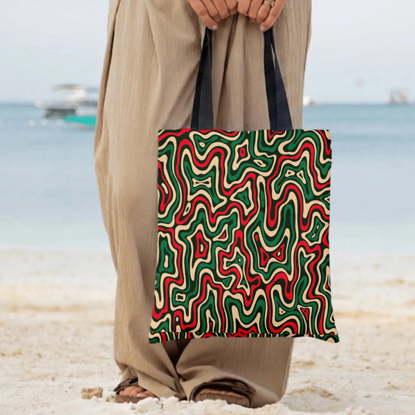 Retro Swirl Tote Bag | Groovy Abstract Wavy Lines Pattern in Christmas Colors | Premium Twill Fabric | Trendy Holiday Gift fo