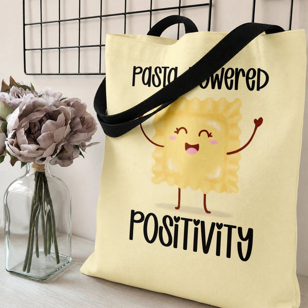 Pasta-Powered Positivity Tote Bag | Cute Cartoon Ravioli Character Design | Premium Composite Twill Fabric | Gift for Food Lo