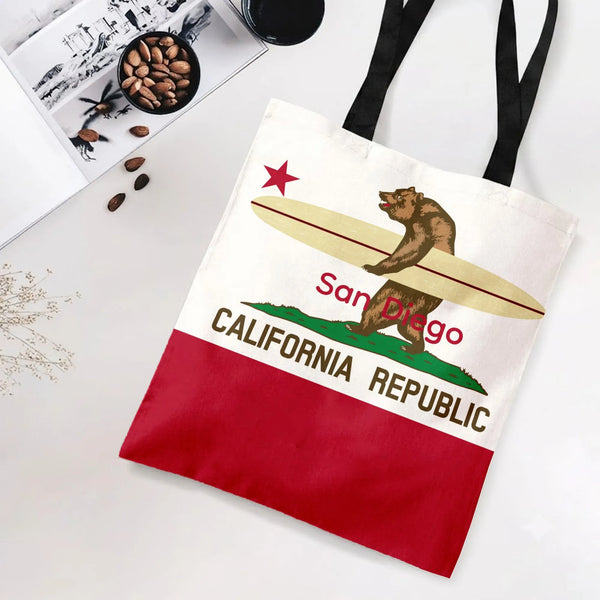 California Bear Surfboard Tote Bag | San Diego Surfer Bear Republic Flag Art | Premium Twill Diamond-Grid Texture | Gift for 