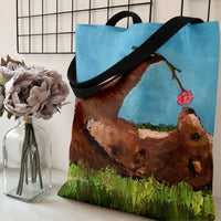 Bear with Flower Tote Bag | Playful Brown Bear Oil Painting Art | Premium Twill Diamond-Grid Texture | Cute Gift for Animal Lovers
