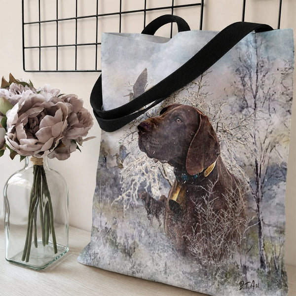 Hunting Dog Tote Bag | Winter Woodland Bird Watercolor Art | Premium Twill Fabric | Gift for Dog Lover and Hunter