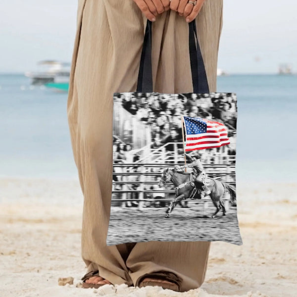 Rodeo Cowboy American Flag Tote Bag | Black and White Western Horse Rider with Color Pop Flag | Premium Twill Diamond-Grid Te