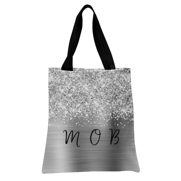 MOB Mother of the Bride Tote Bag | Silver Glitter Gradient with Black Script Lettering | Premium Twill Shopping Tote | Bridal