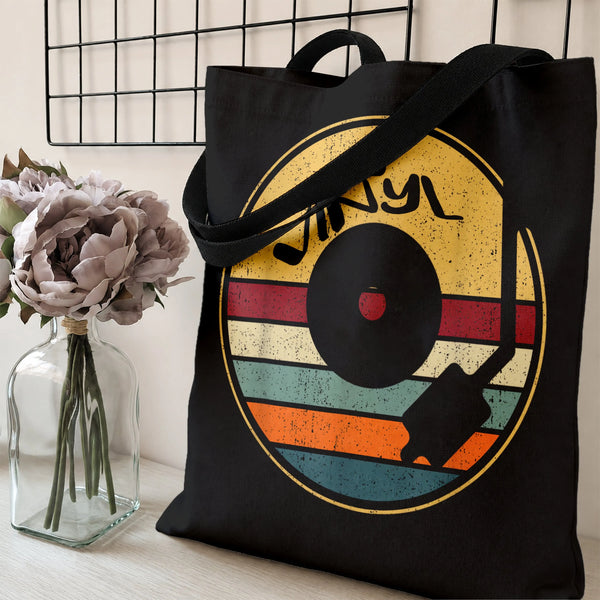 Vinyl Record Tote Bag | Retro Vinyl Record Player Art with Colorful Stripes | Premium Twill Durable Canvas | Gift for Vinyl C