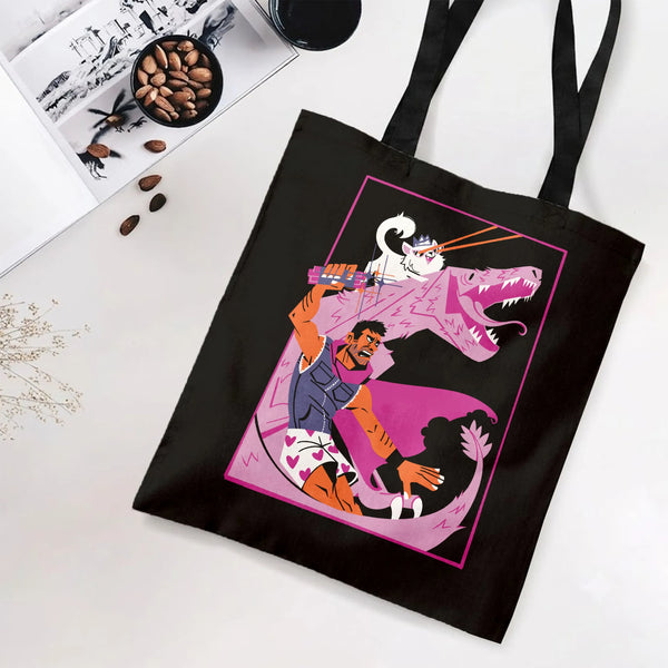 Warrior Riding Dinosaur Tote Bag | Bold Pink Comic Art Man on T-Rex Illustration | Premium Twill Diamond-Grid Fabric | Unique