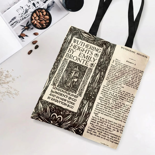 Wuthering Heights Book Cover Tote Bag | Emily Brontë Vintage Literary Page Art | Premium Twill Diamond-Grid Texture | Gift fo