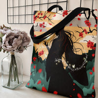 Cherry Blossom Goddess Tote Bag | Mystical Woman Silhouette with Butterflies and Falling Petals Art | Premium Twill Fabric | Aesthetic Gift for Fantasy Art Lovers