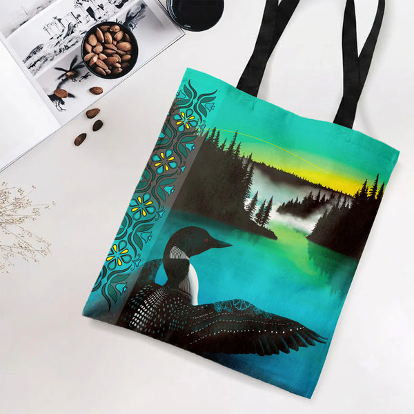 Loon Tote Bag | Northern Lake Aurora Borealis Folk Art Illustration | Premium Composite Twill Fabric | Gift for Birdwatcher a