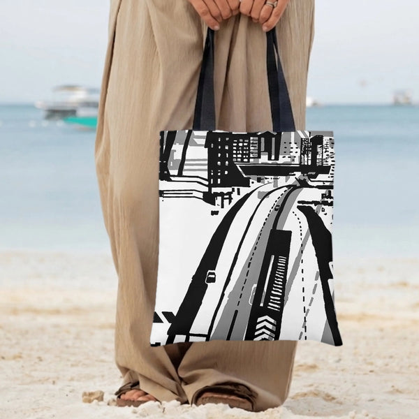 Urban Cityscape Tote Bag | Black and White Aerial Street View Art | Premium Composite Twill Fabric | Aesthetic Gift for Archi