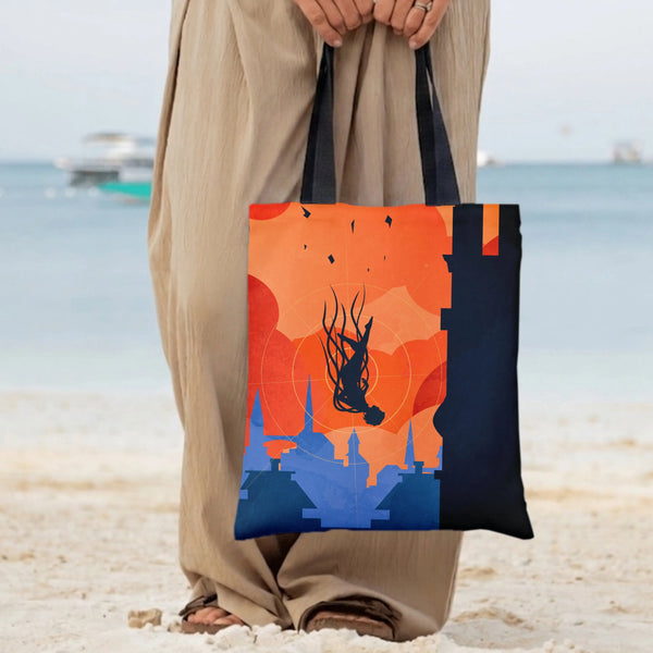 Falling Figure Gothic Castle Tote Bag | Dark Fantasy Silhouette Sunset Cityscape Art | Premium Twill Diamond-Grid Texture | G