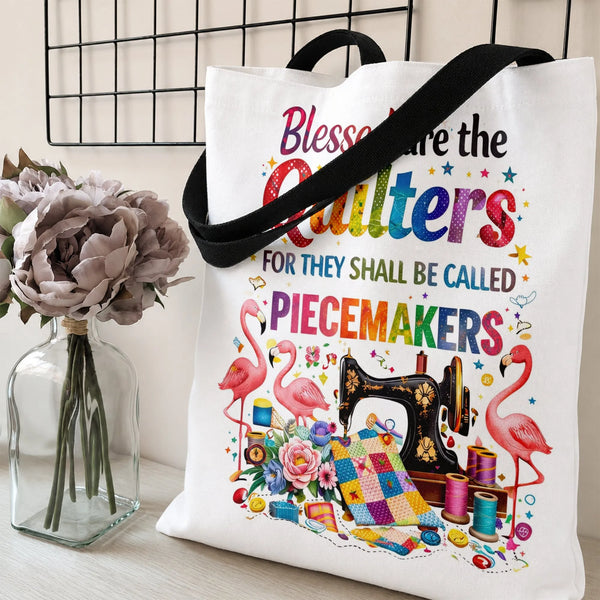 Quilter Piecemaker Tote Bag | Blessed Are the Quilters Funny Sewing Machine Flamingo Art | Premium Twill Fabric | Gift for Qu